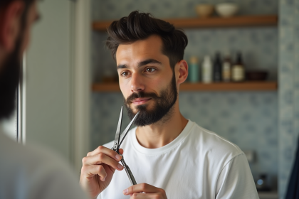 Homme concentré utilisant des ciseaux de coiffure devant un miroir