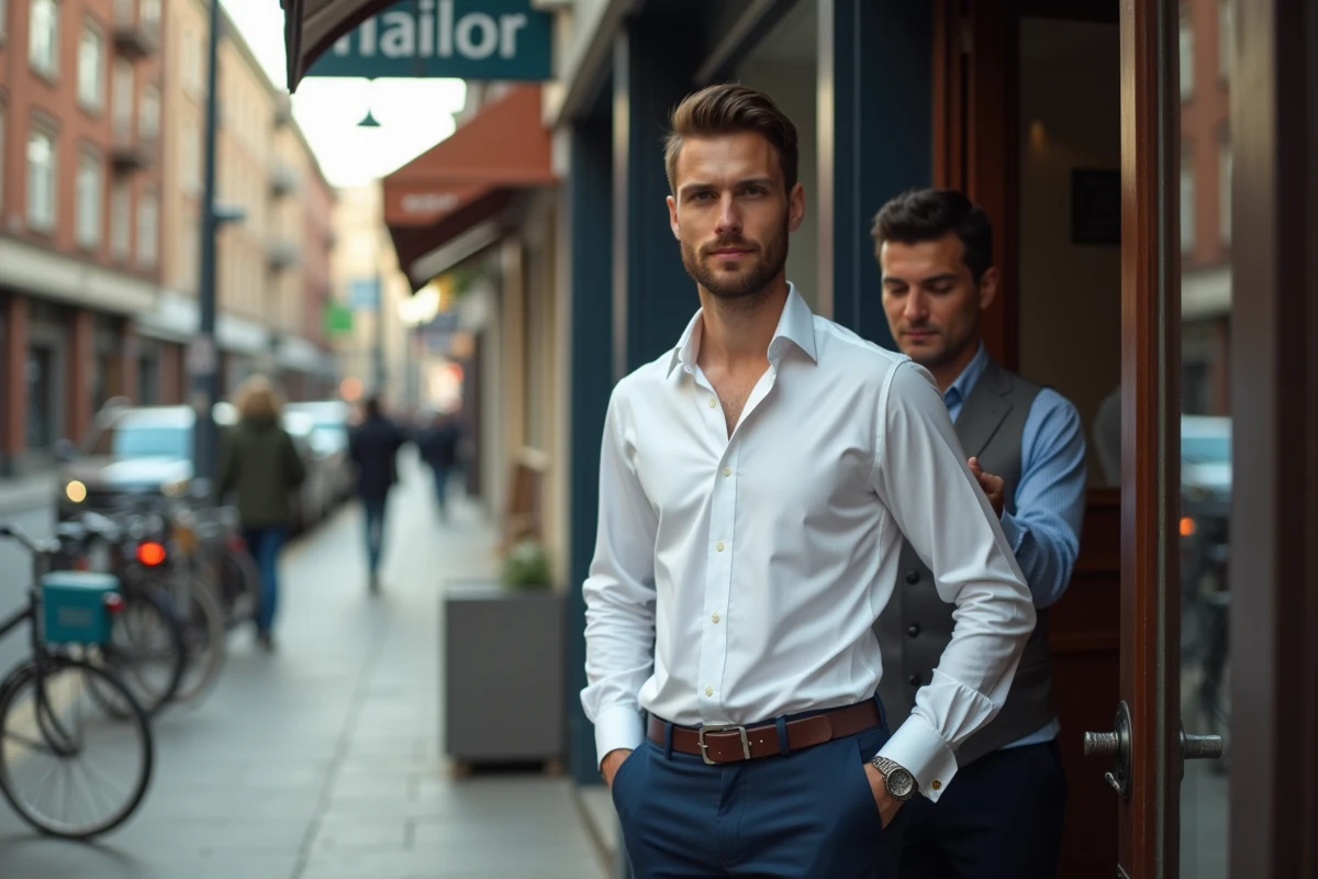Jeune homme en costume ajustant sa veste chez le tailleur