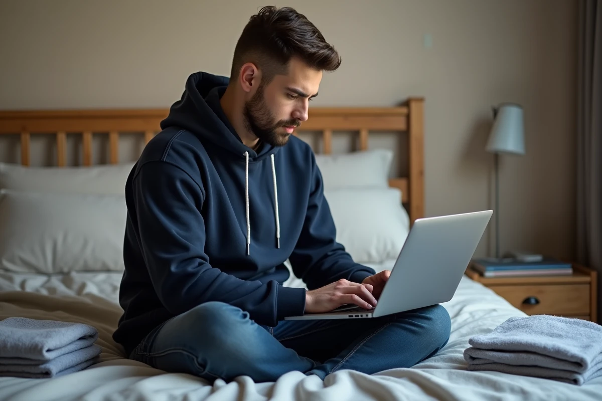 Homme consultant une plateforme de revente de vêtements comme Sellpy sur ordinateur