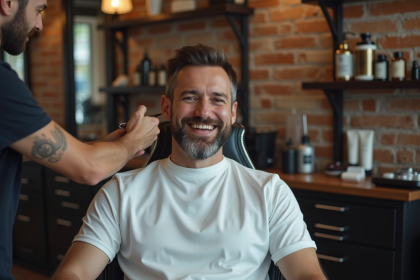 Homme souriant dans un salon de coiffure moderne