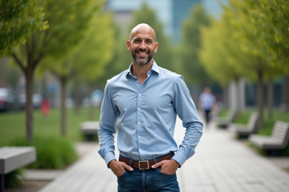 Homme chauve dans un parc urbain moderne avec sourire naturel