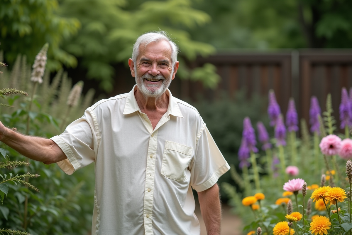 Homme âgé dans un jardin avec fleurs colorées