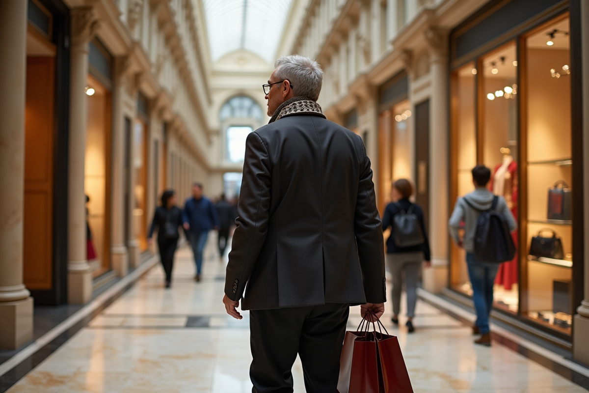 Homme mature admirant une vitrine dans un grand magasin parisien