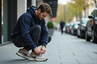 Homme en jeans et sweatshirt haut de gamme nouant ses sneakers