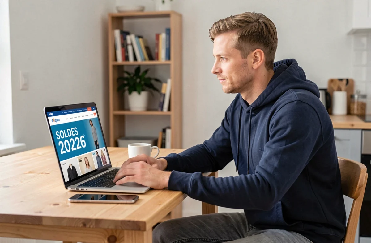 Homme consultant les soldes 2026 sur un ordinateur portable dans un appartement moderne