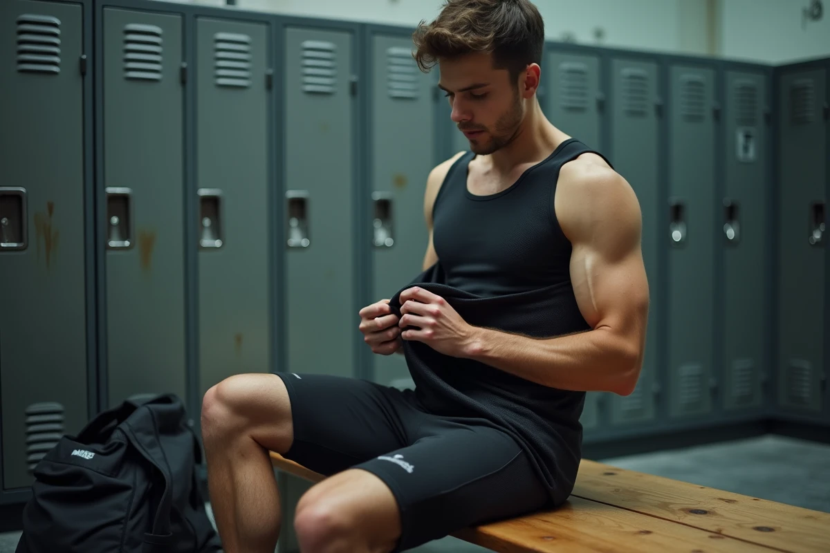 Homme en tenue de sport spandex examinant le tissu respirant dans un vestiaire