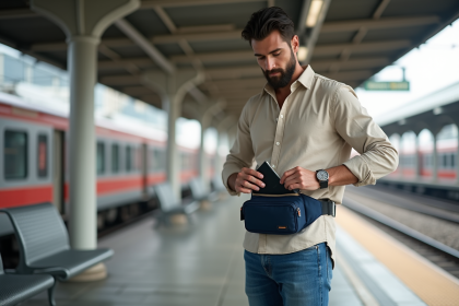 Homme en train de sortir un passeport de son sac à la gare