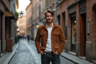 Homme portant une veste vintage authentique en velours côtelé marron dans une rue pavée européenne, style années 70 assumé