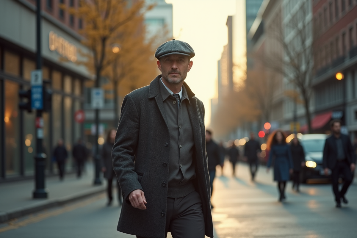 Homme dans la ville portant un chapeau plat sous le vent