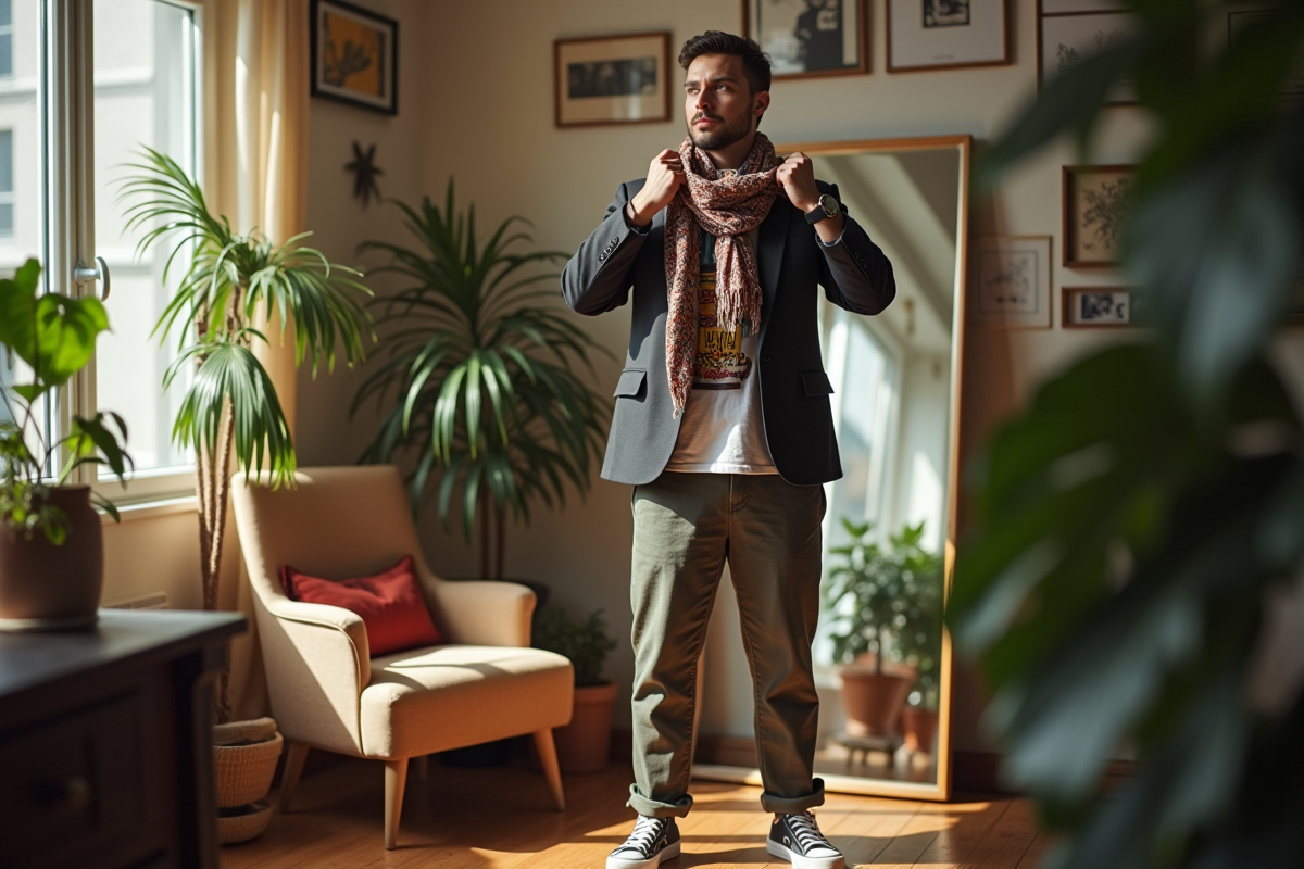 Homme en blazer vintage dans un appartement cosy
