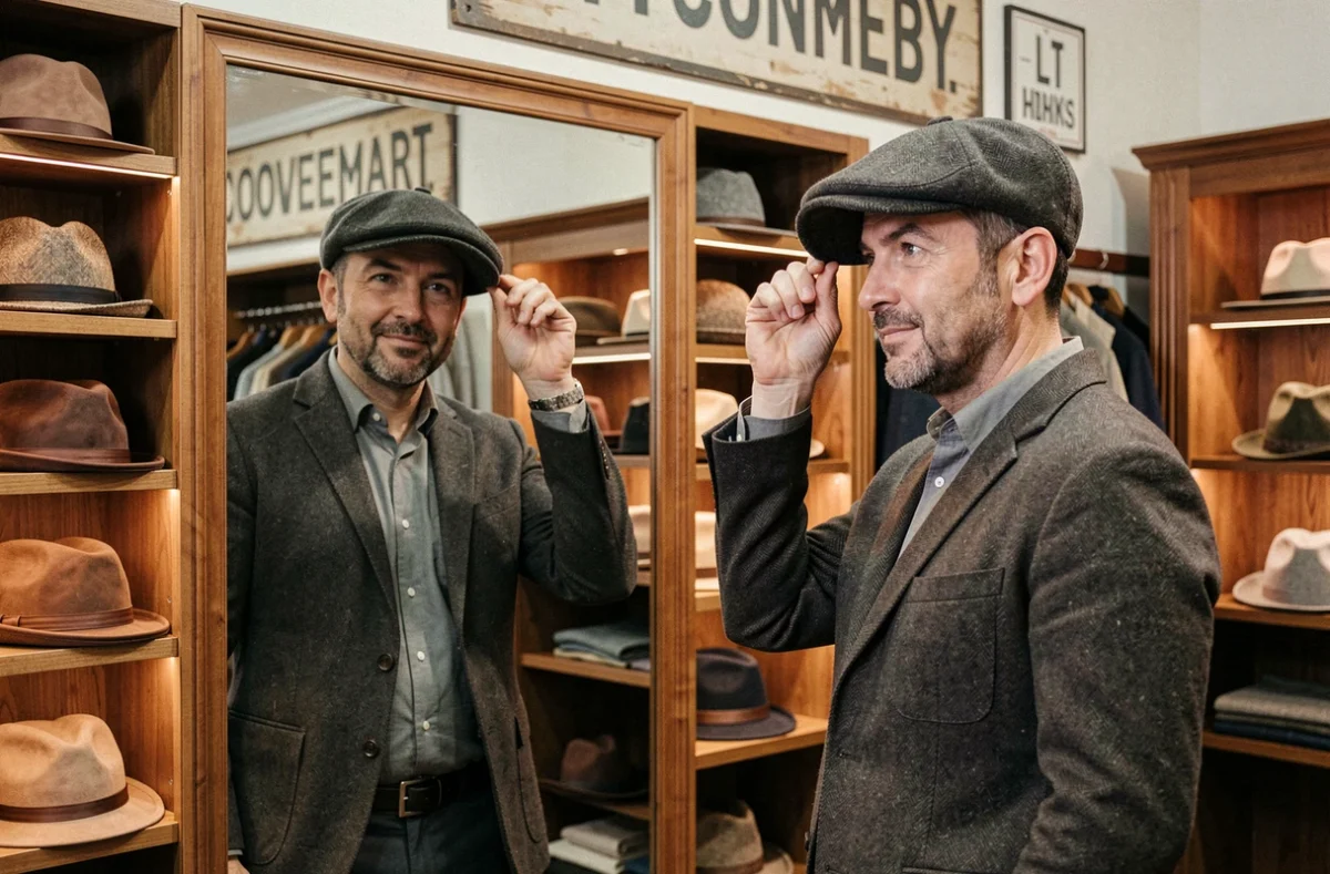 Homme au visage carré essayant une casquette plate en tweed gris dans une boutique de mode masculine avec miroir et présentoirs à chapeaux