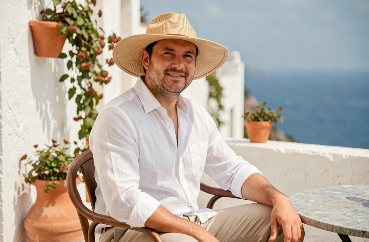 Jeune homme au visage rond portant un chapeau de paille à larges bords et une chemise en lin blanc sur une terrasse méditerranéenne ensoleillée