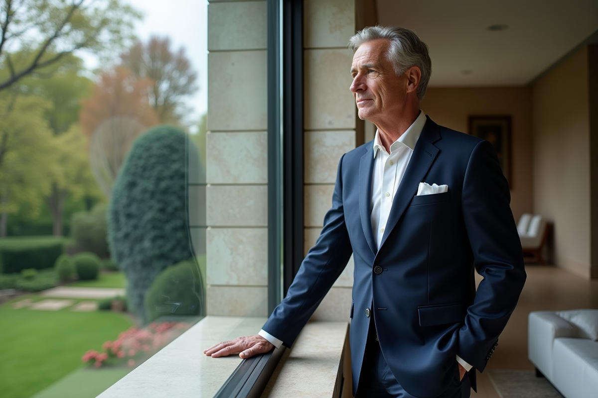 Homme en costume regardant par une grande fenêtre