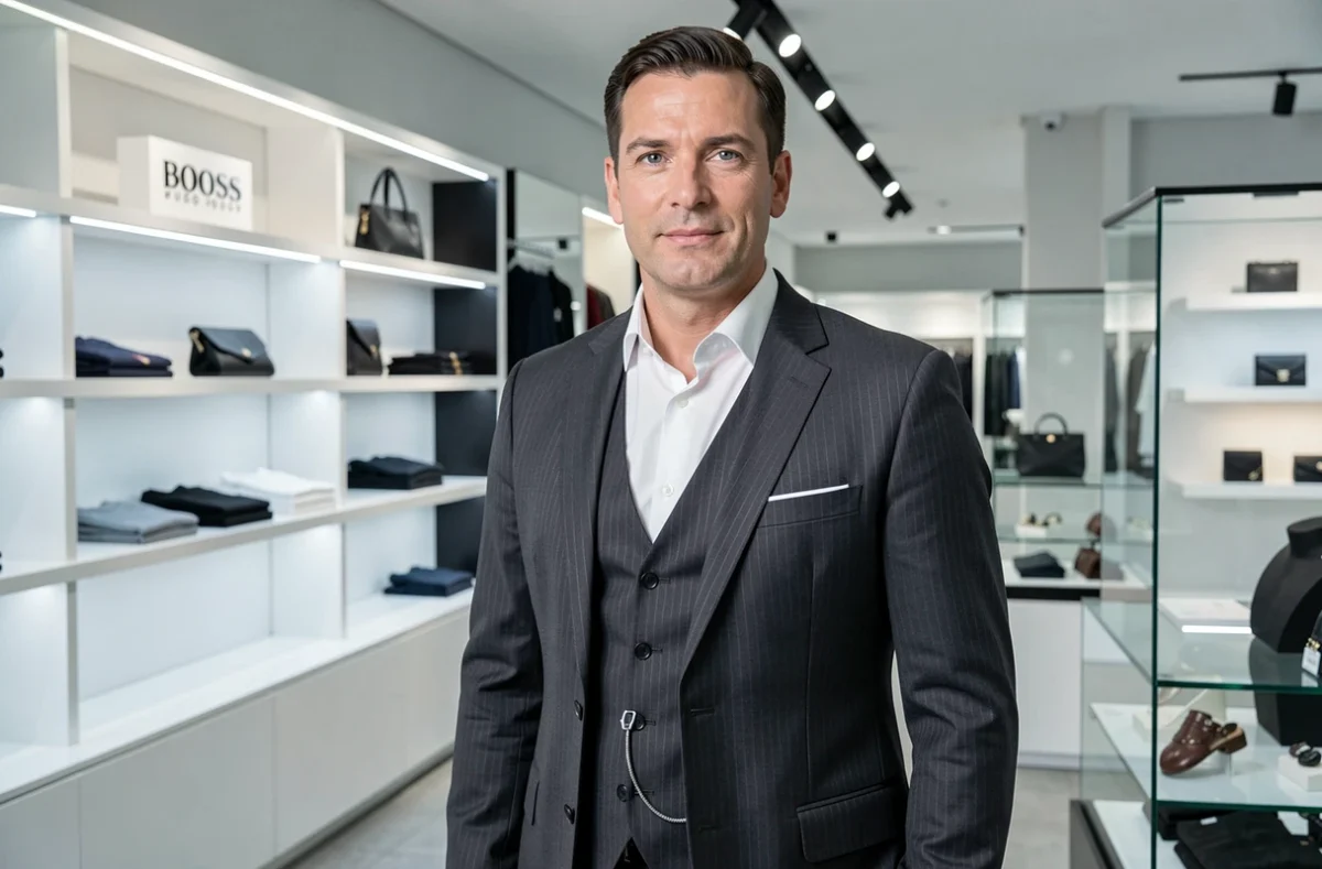 Un homme en costume premium Hugo Boss à rayures fines dans le magasin du Chesnay