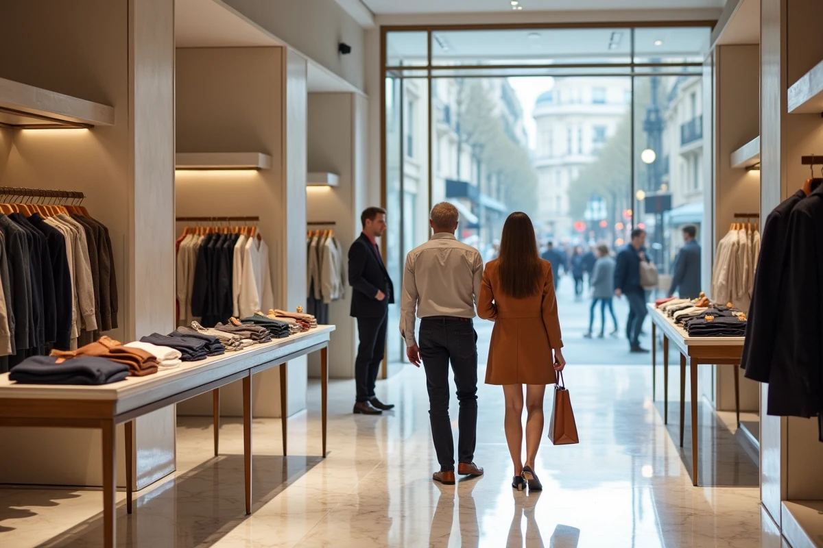 Intérieur d'une boutique phare sur les Champs-Élysées avec des clients parcourant les articles et une vue sur l'avenue à travers les baies vitrées