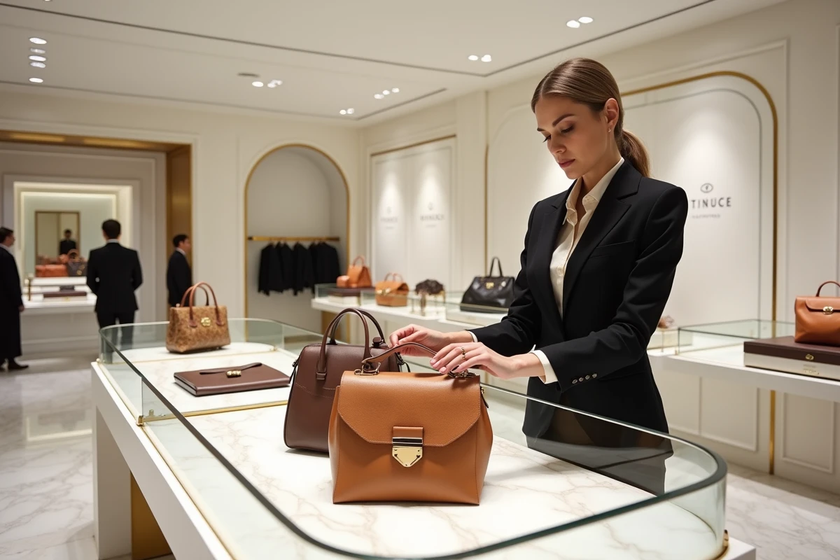 Intérieur d'une boutique de luxe sur l'Avenue Montaigne avec présentoirs en verre et sol en marbre