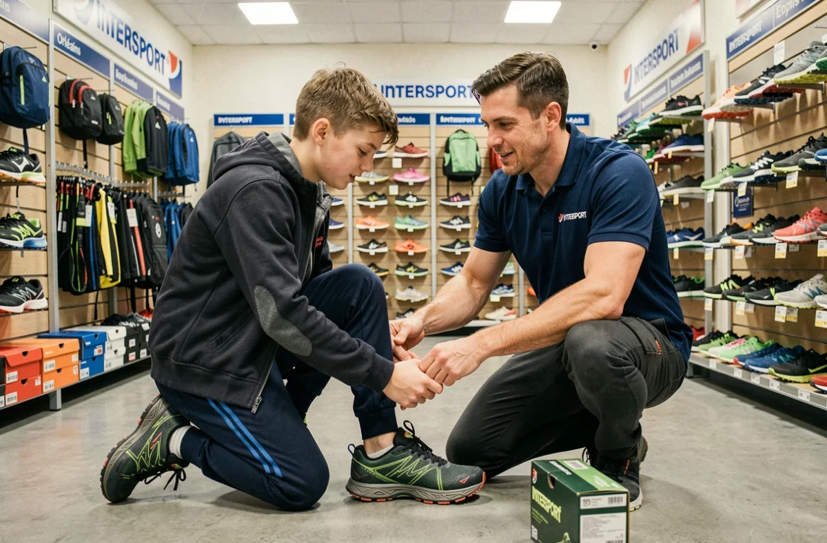Un adolescent se faisant conseiller sur des chaussures de sport par un vendeur dans le magasin Intersport d'Orléans