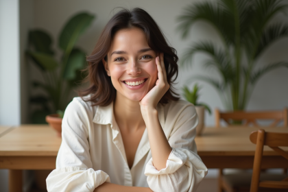 Jeune femme en blouse de lin naturel souriante