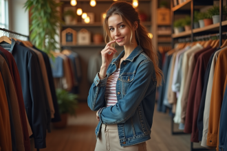 Jeune femme en mode smart casual dans une boutique cosy