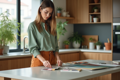 Jeune femme en cuisine avec échantillons de couleurs tendance