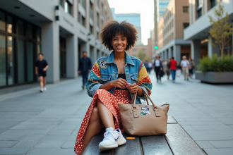 Jeune femme créant un tote bag avec patchs en ville