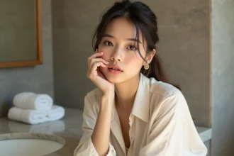 Jeune femme élégante touchant sa joue dans une salle de bain moderne