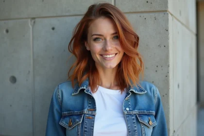 Femme avec coupe mullet et balayage cuivre en extérieur