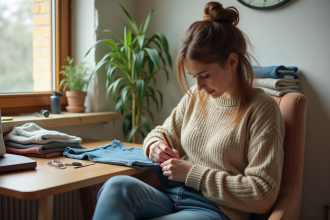 Jeune femme répare un pantalon dans un appartement lumineux