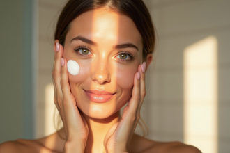 Jeune femme appliquant crème visage dans une salle de bain lumineuse