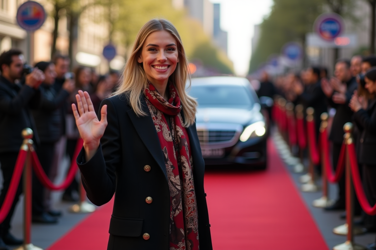 Jeune star féminine posant sur le tapis rouge