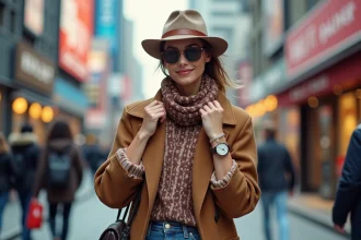 Jeune femme mode urbaine ajustant une echarpe dans la ville