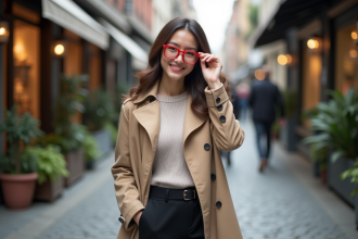 Jeune femme en trench beige et lunettes rouges dans la ville