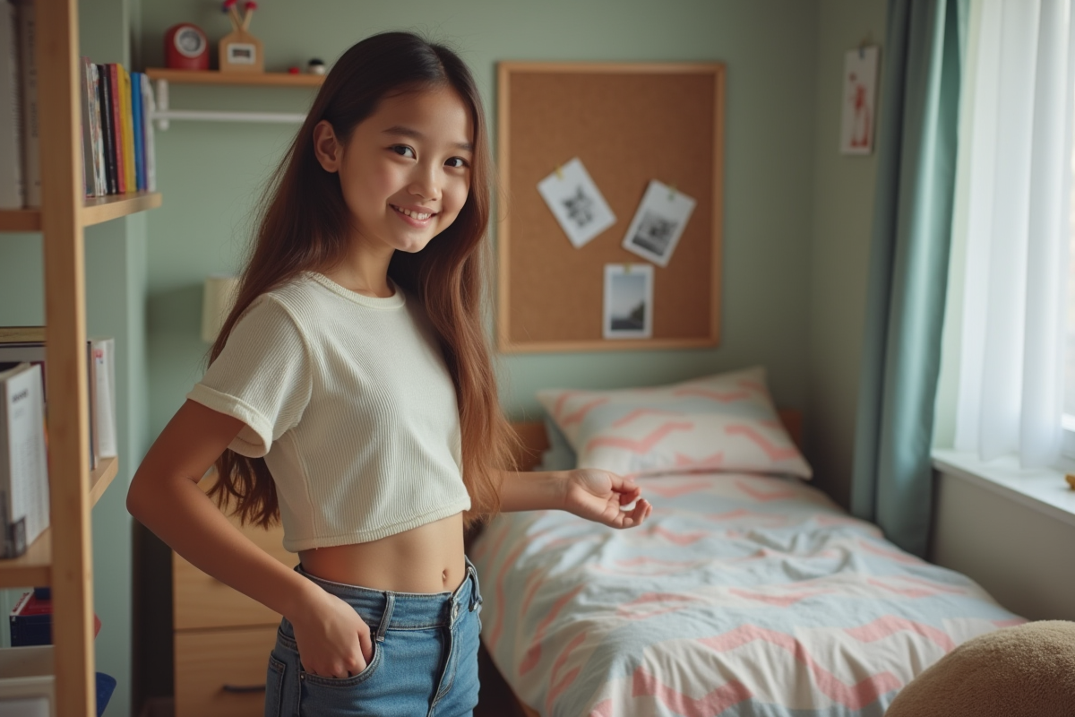 Jeune fille souriante arrangeant des livres dans sa chambre