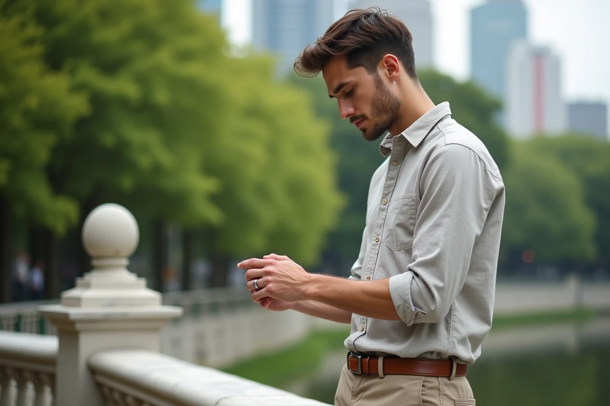 Jeune homme avec bague chevalière dans un parc urbain