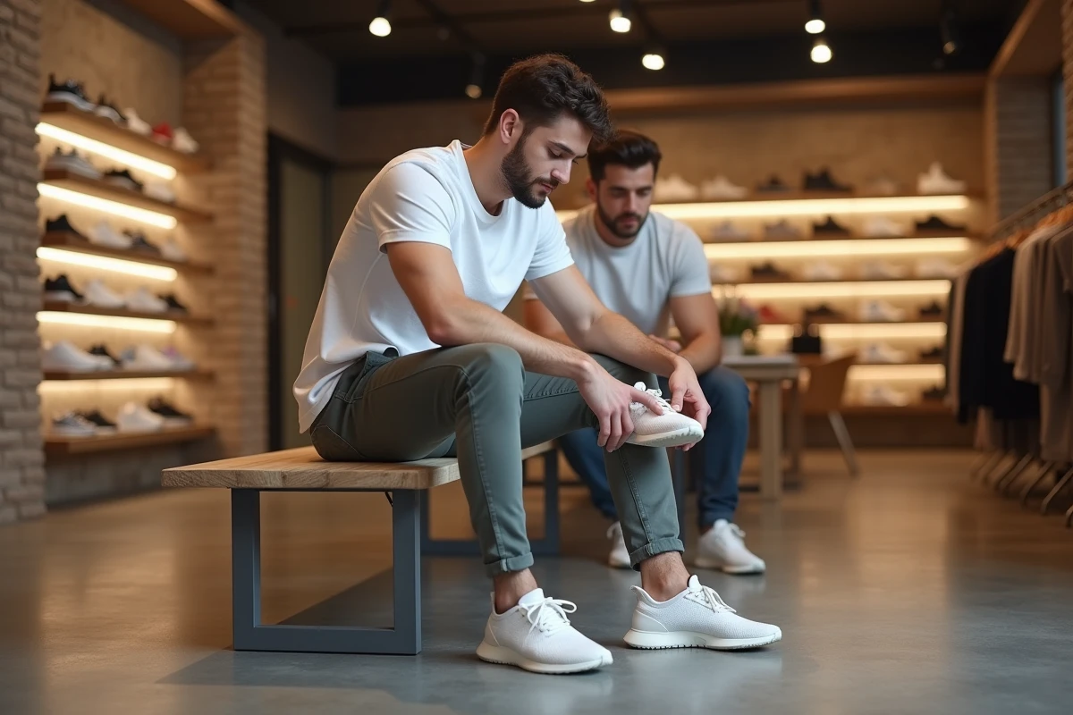 Jeune homme dans une boutique de sneakers inspectant une paire