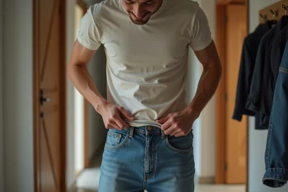 Jeune homme en t-shirt et jeans dans un couloir moderne