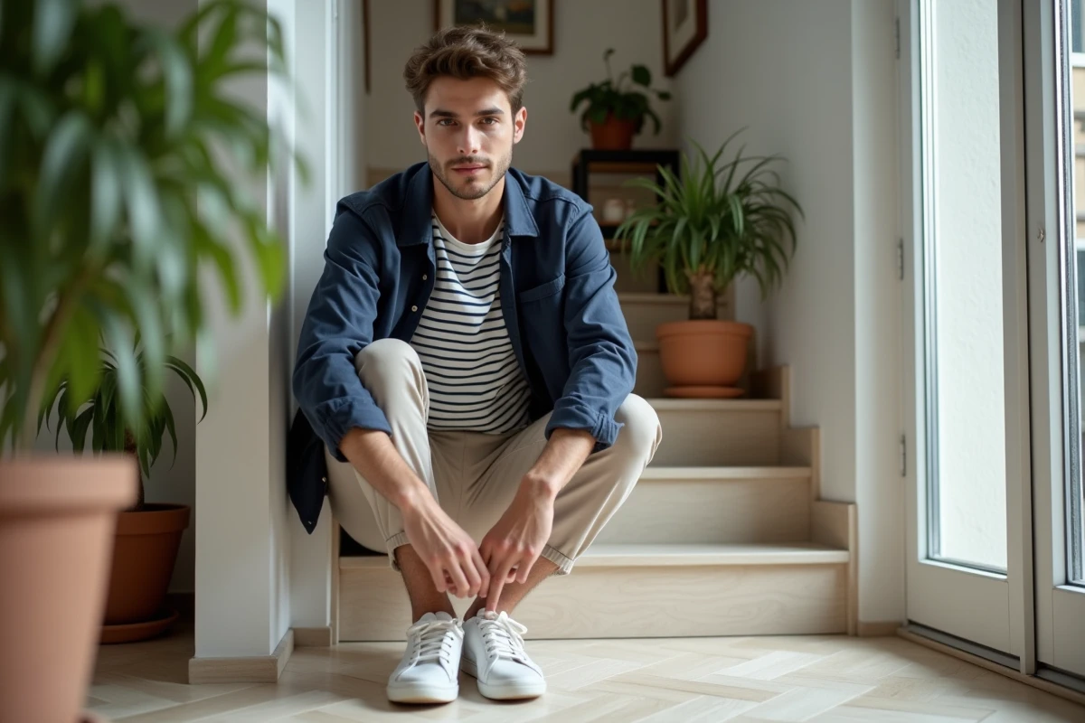 Jeune homme assis sur les escaliers dans un intérieur cosy