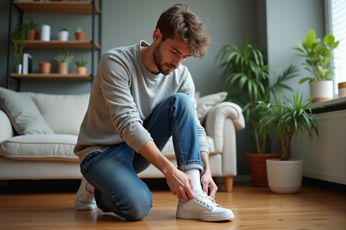Jeune homme pliant des chaussettes dans le salon
