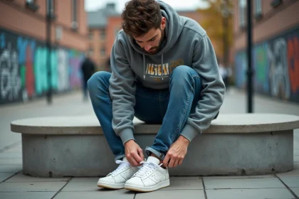 Jeune homme en streetwear lace ses sneakers dans une ville