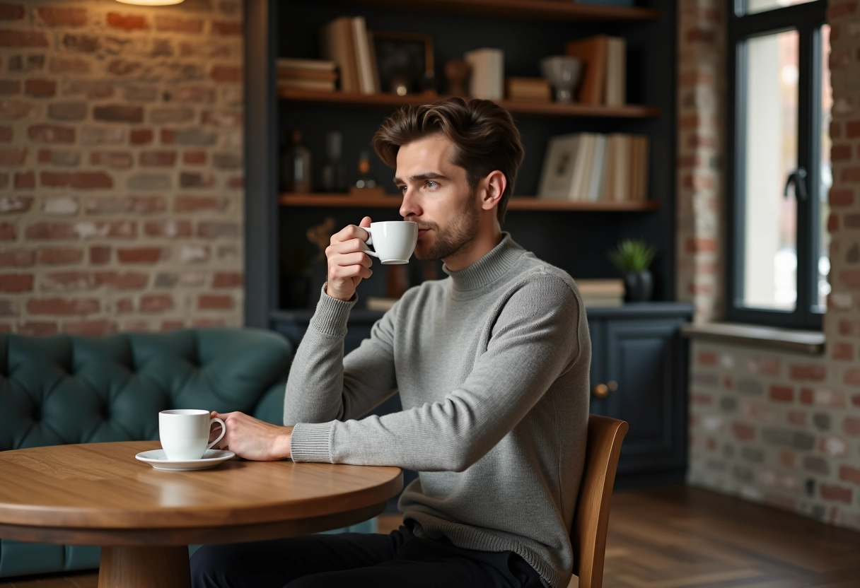 Jeune homme détendu dégustant un espresso dans un loft