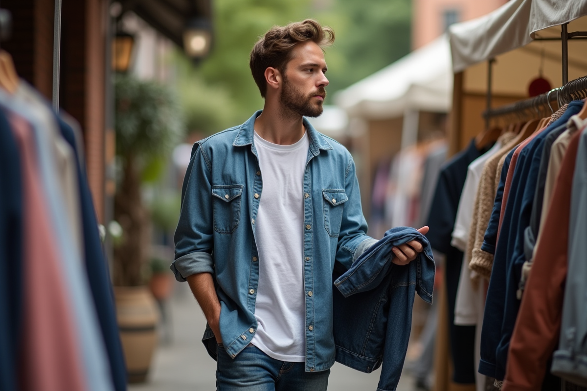 Jeune homme en jeans et chemise bio dans marché de rue