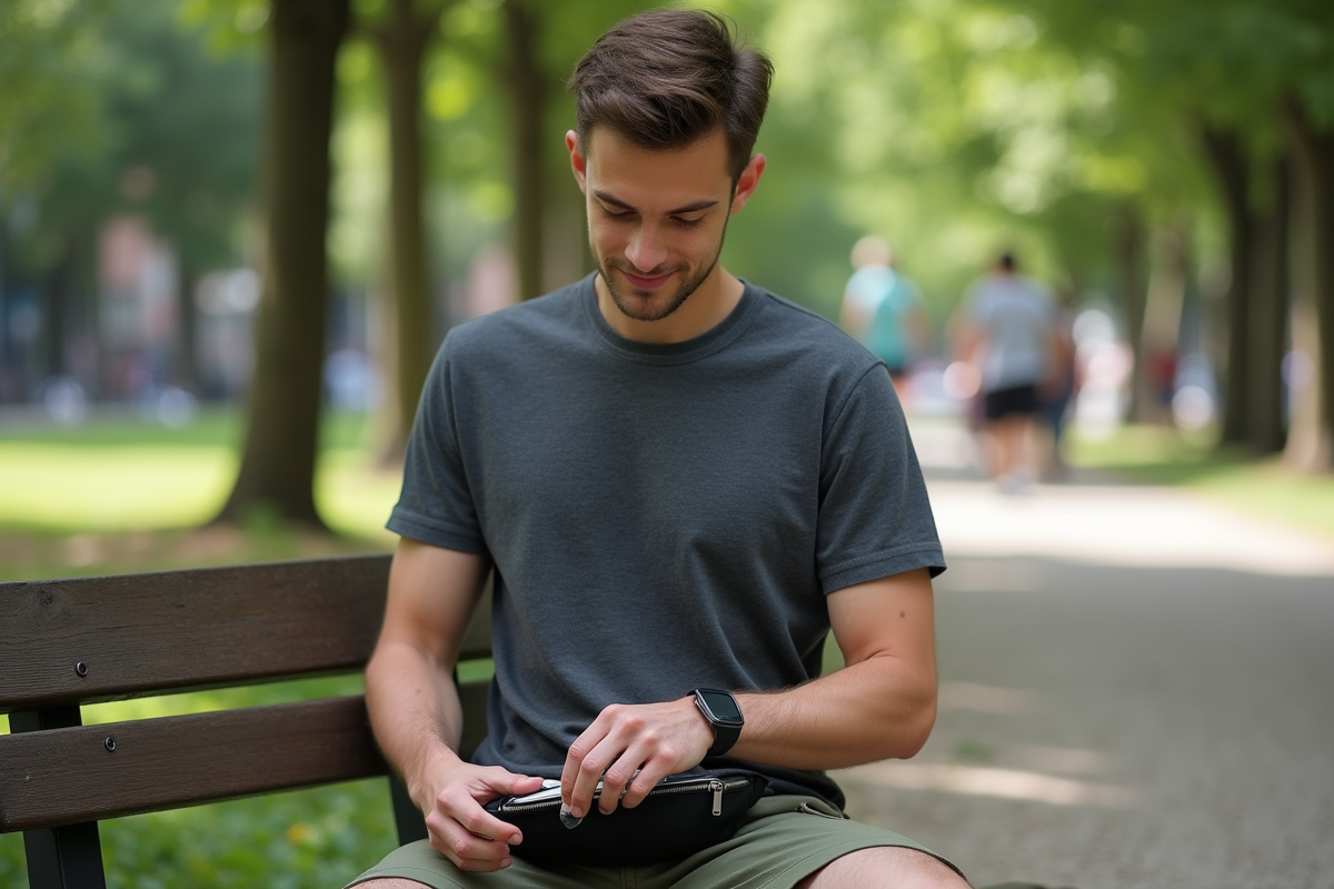 Jeune homme dans un parc avec sac à la main et sourire