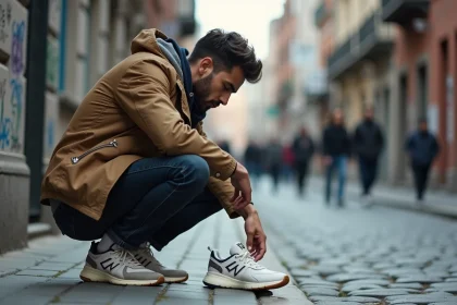 Jeune homme curieux inspectant des sneakers en ville