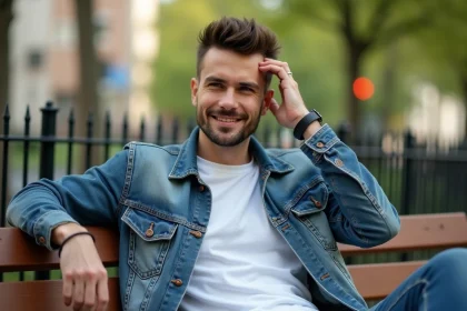Jeune homme en denim et blanc dans un parc urbain