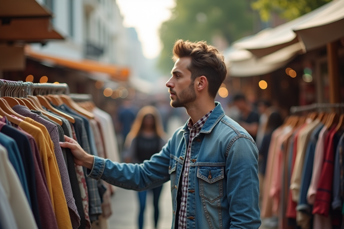 Jeune homme regardant des vetements vintage au marche en plein air