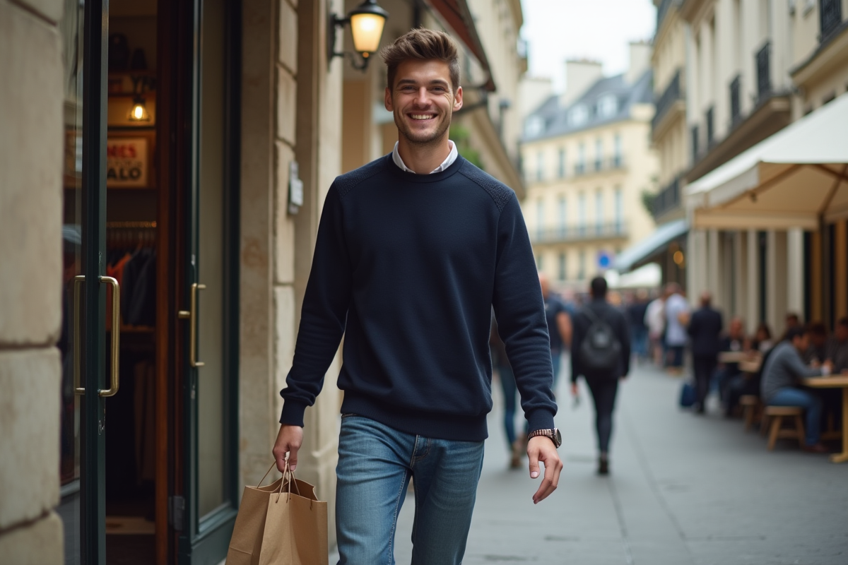 Jeune homme souriant sortant d une boutique vintage parisienne