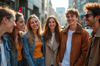 Groupe d'ados stylés riant en ville avec mode tendance