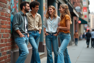 Groupe de jeunes adultes en jeans 90s sur un trottoir urbain