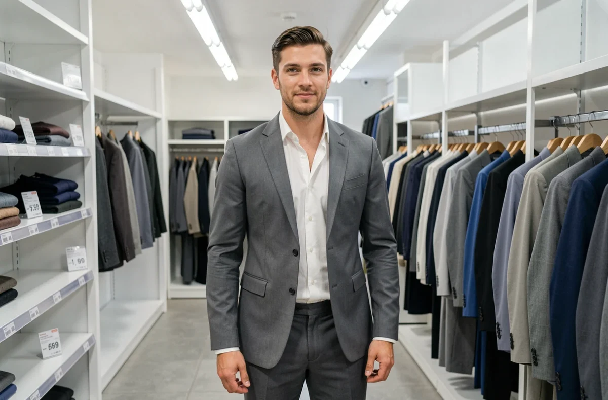 Un homme en costume gris Jules entrée de gamme dans un magasin des Yvelines