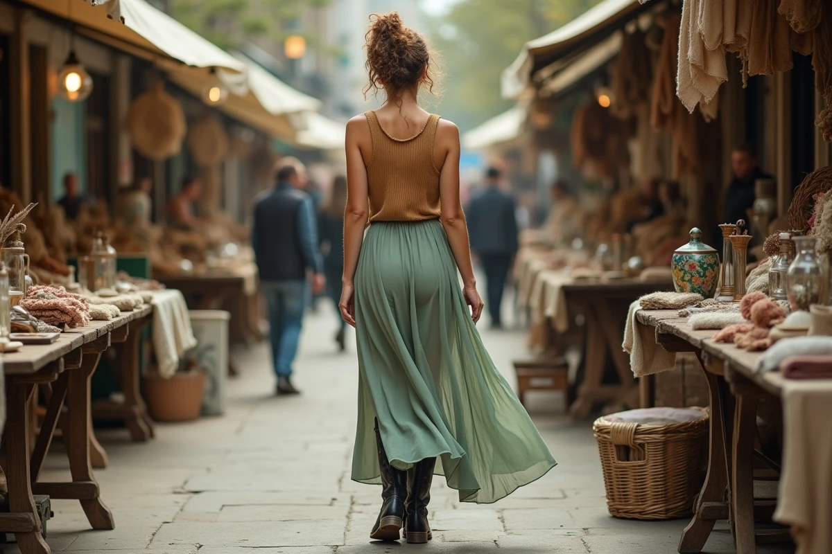 Femme en jupe longue en mousseline verte et santiags noires explorant un marché aux puces parisien
